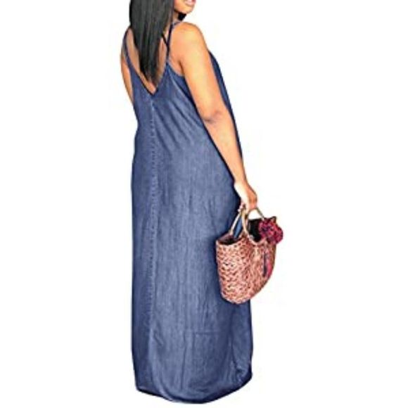 Womens Strap Dresses casual denim Maxi Dress - Picture 2 of 2